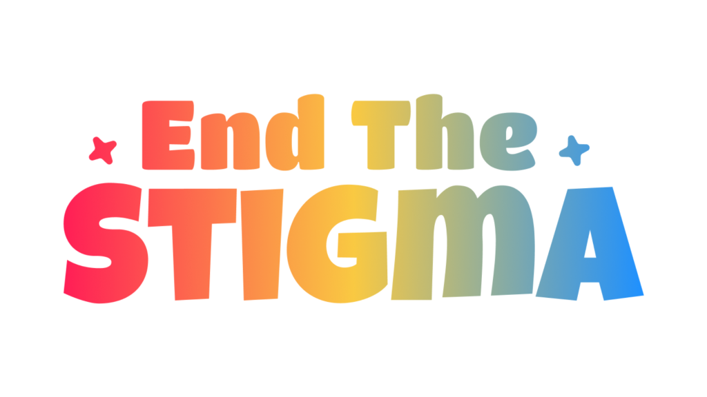 End The STIGMA fun font in rainbow gradient | representing queer and trans individuals finding safety in affirming therapy spaces.