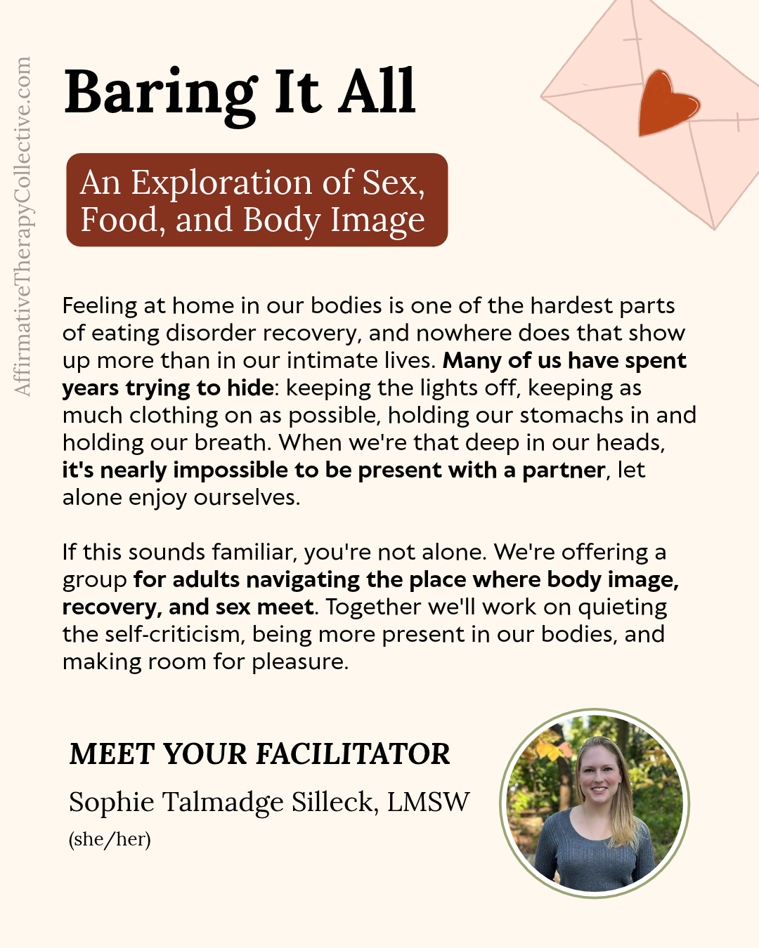 This therapist-led group is open to all genders, ages 18+. Sessions are 90 minutes ($90) with two sliding scale spots available. Joining starts with a 30-minute screening ($50) so we can make sure the group is a good fit for you. Start date and time TBD.
